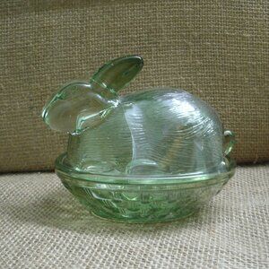 Green Glass Rabbit on Basket Trinket Dish